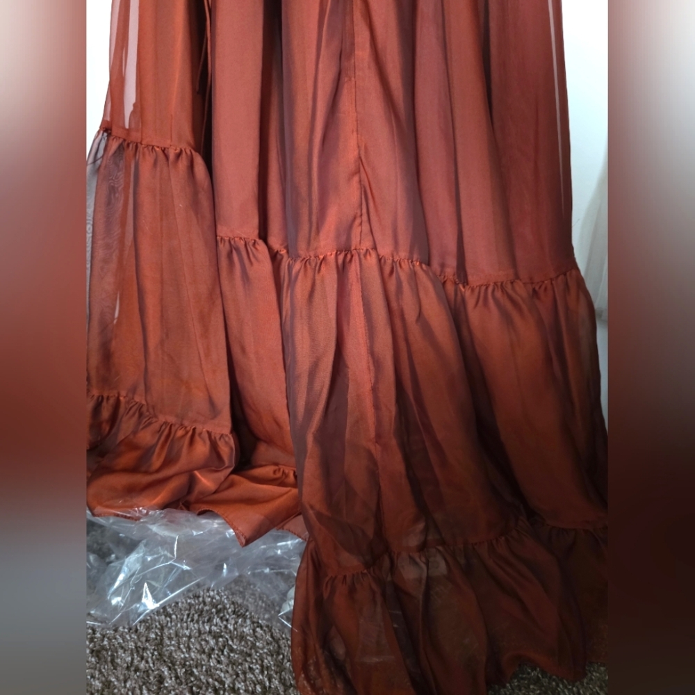 Mac Duggal 67948 Copper Criss Cross Waist Bishop Sleeve Dress Sz. 2 - Picture 9 of 12